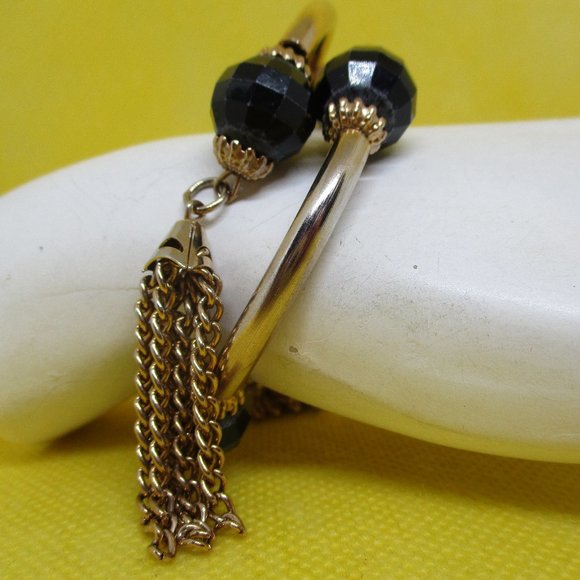 Wrap Beaded Tassel Bracelet Beaded Wrap Beaded Gold Tone Black Bracelet 1950s - Picture 2 of 10